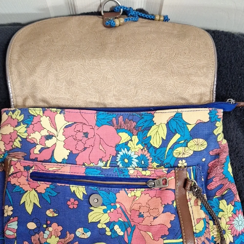 Sakroots Canvas Faux Leather Backpack Messenger Bag - Floral Blue Mulrixolor